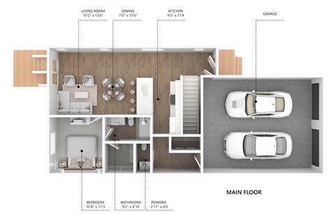 A floor plan of a house with a living room, dining room, kitchen, garage, and main floor with a bedroom and bathroom.